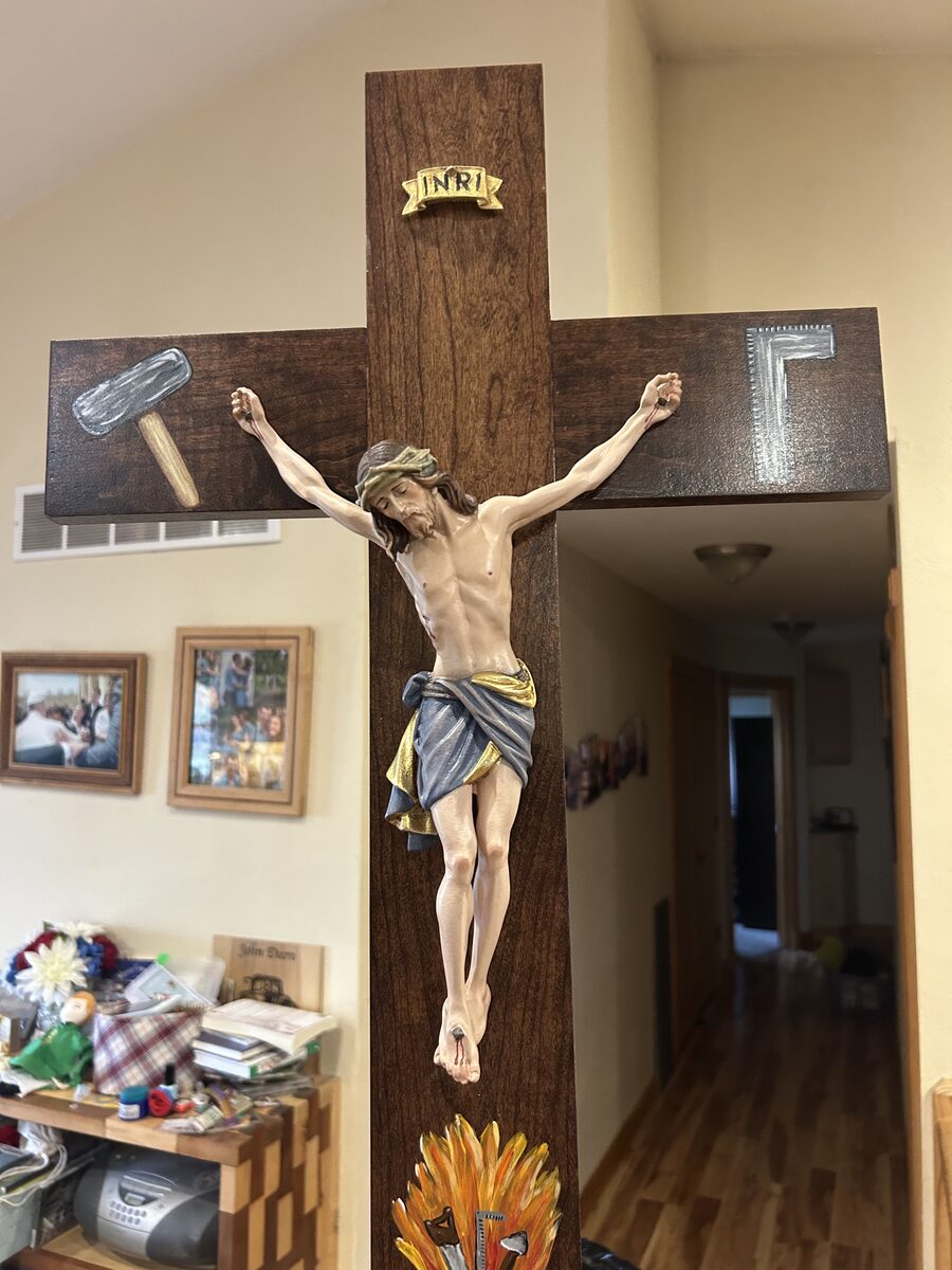 Large wall-mounted crucifix with hand-painted corpus and INRI scroll